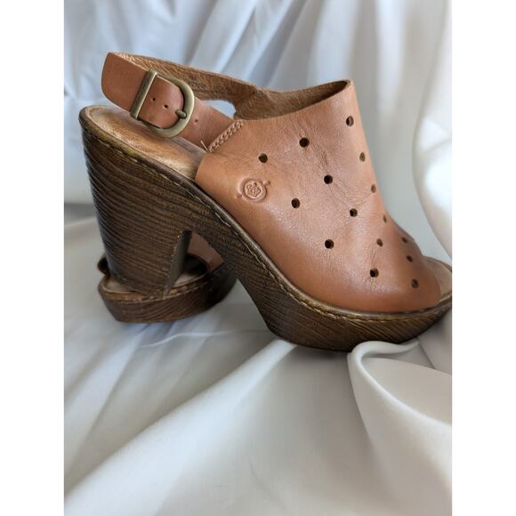 Born Brown Leather Perforated Peep Toe Slingback Wood Heel Platform Sandals - Picture 3 of 8